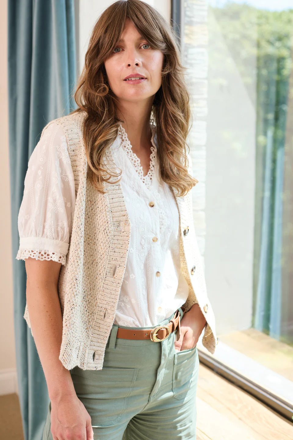 Celandine Flecked Knit Sleeveless Waistcoat Ecru | Lily & Me LM26145