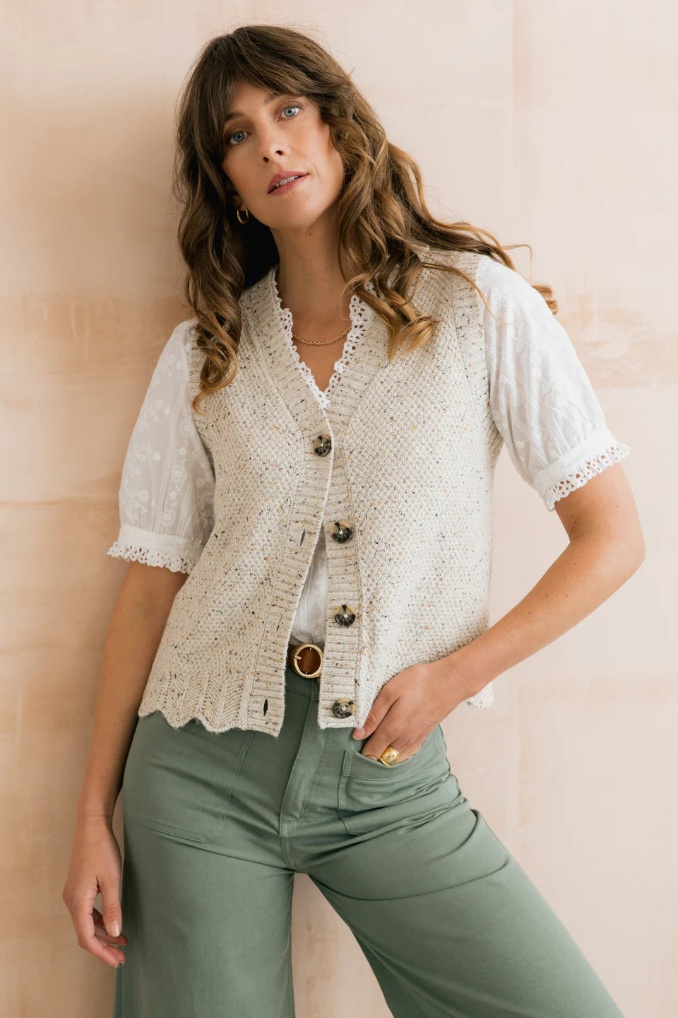 Celandine Flecked Knit Sleeveless Waistcoat Ecru | Lily & Me LM26145