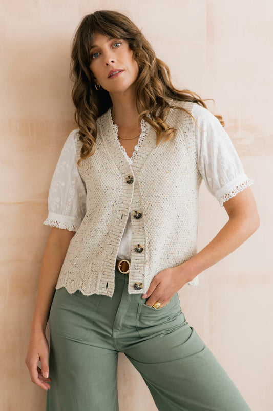 Celandine Flecked Knit Sleeveless Waistcoat Ecru | Lily & Me LM26145