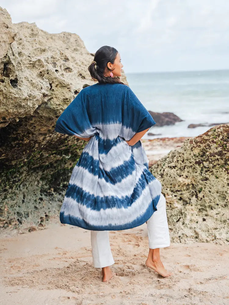 Long Striped Tie Dye Kimono | Suzie Blue LS1602GY