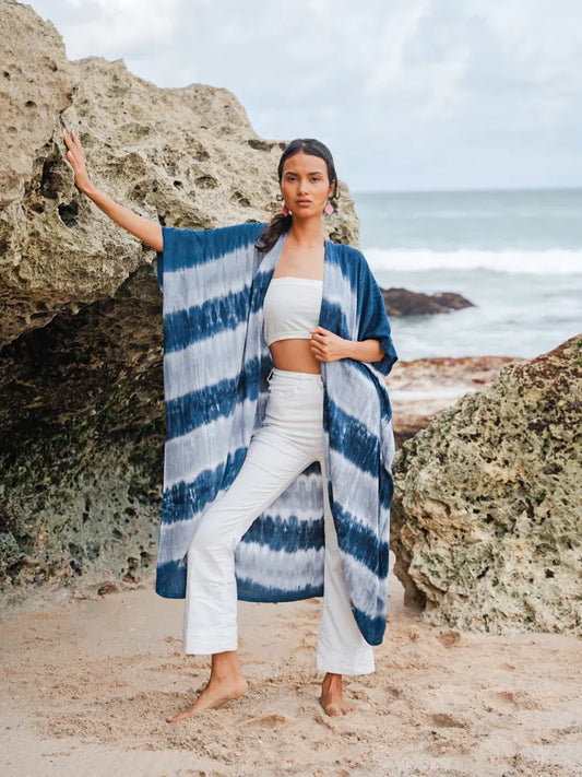 Long Striped Tie Tye Kimono | Suzie Blue LS1602GY