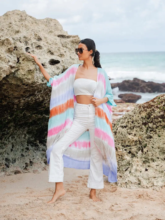 Long Striped Tie Tye Kimono | Suzie Blue LS1602M