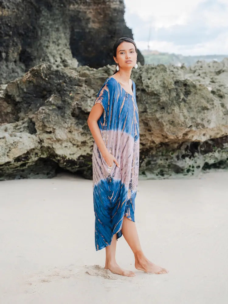 Long Tie Dye Kaftan Dress | Suzie Blue - LS1603PK