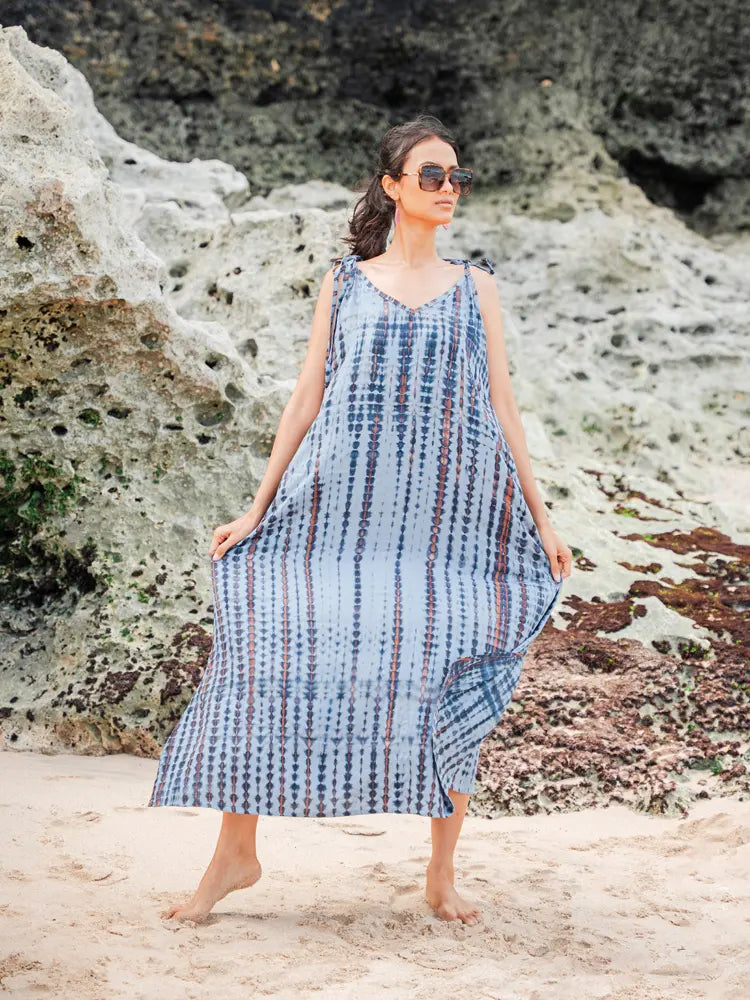Long Striped Tie Dye Dress | Suzie Blue - LS1606GY