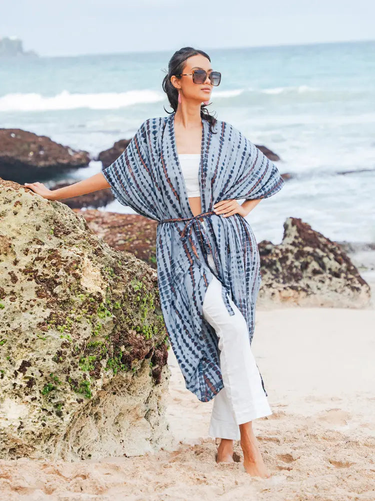 Long Tie Tye Kimono | Suzie Blue - LS1607GY