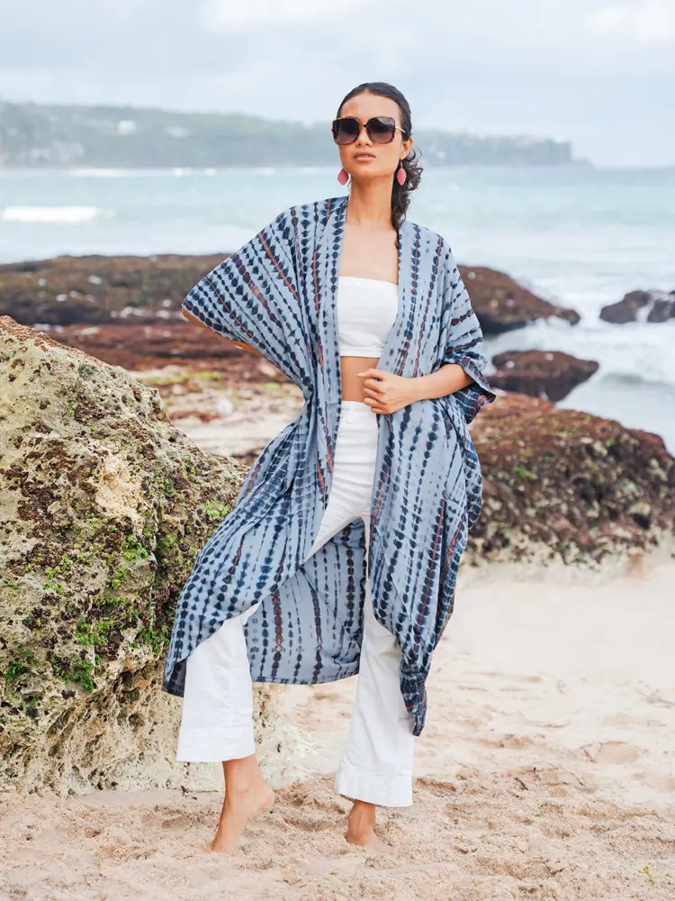 Long Tie Tye Kimono | Suzie Blue - LS1607GY