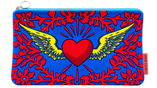 Corita Rose Winged Heart Large Velvet Pouch – Blue