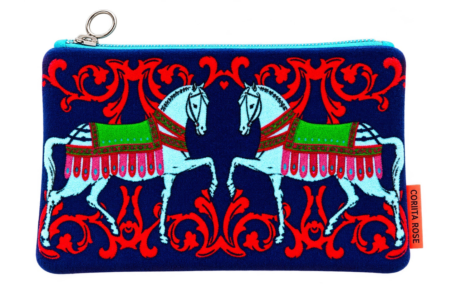 Corita Rose White Horses Small Velvet Navy Pouch