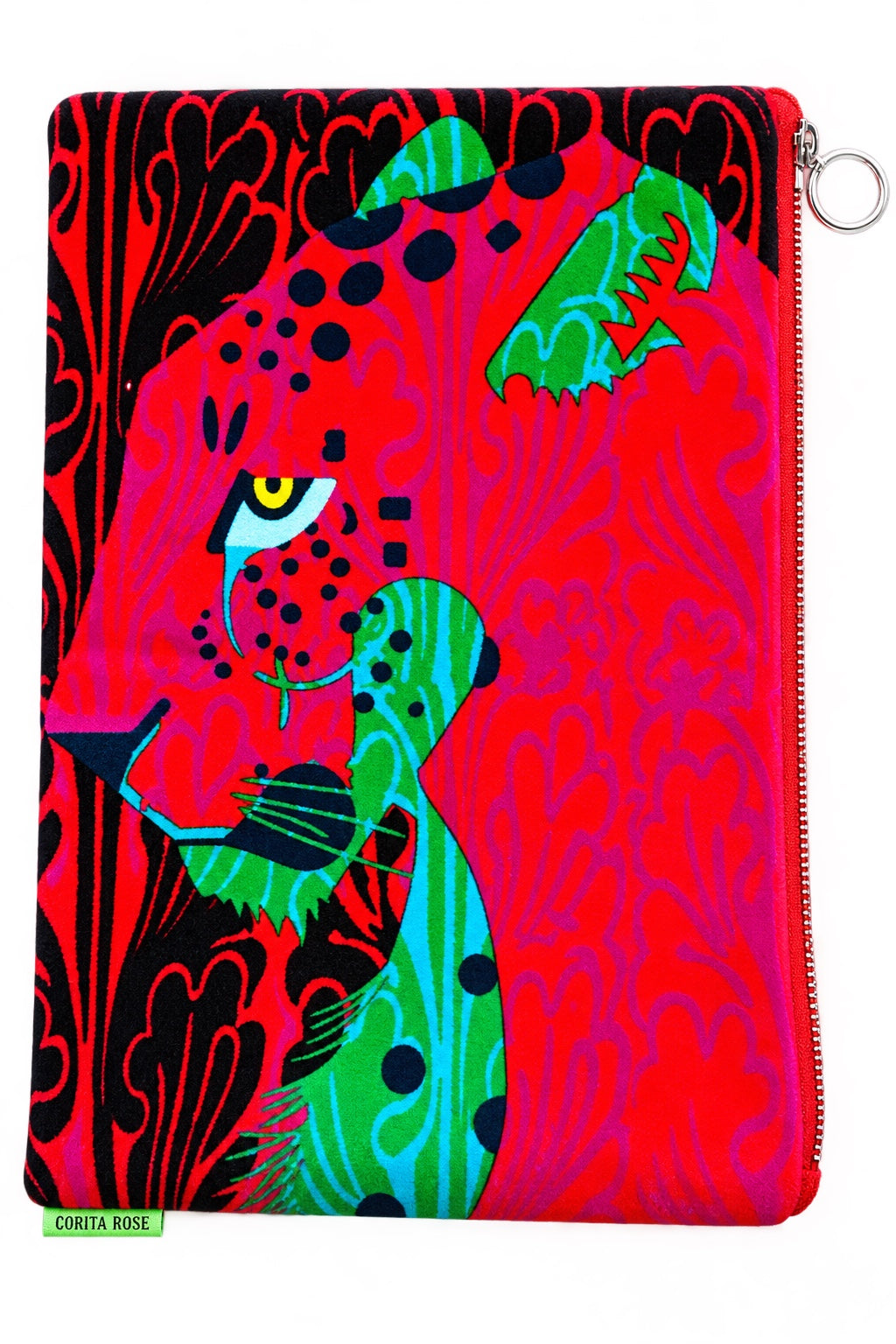 Corita Rose Fantasy Leopard Large Velvet Clutch Pouch – Red