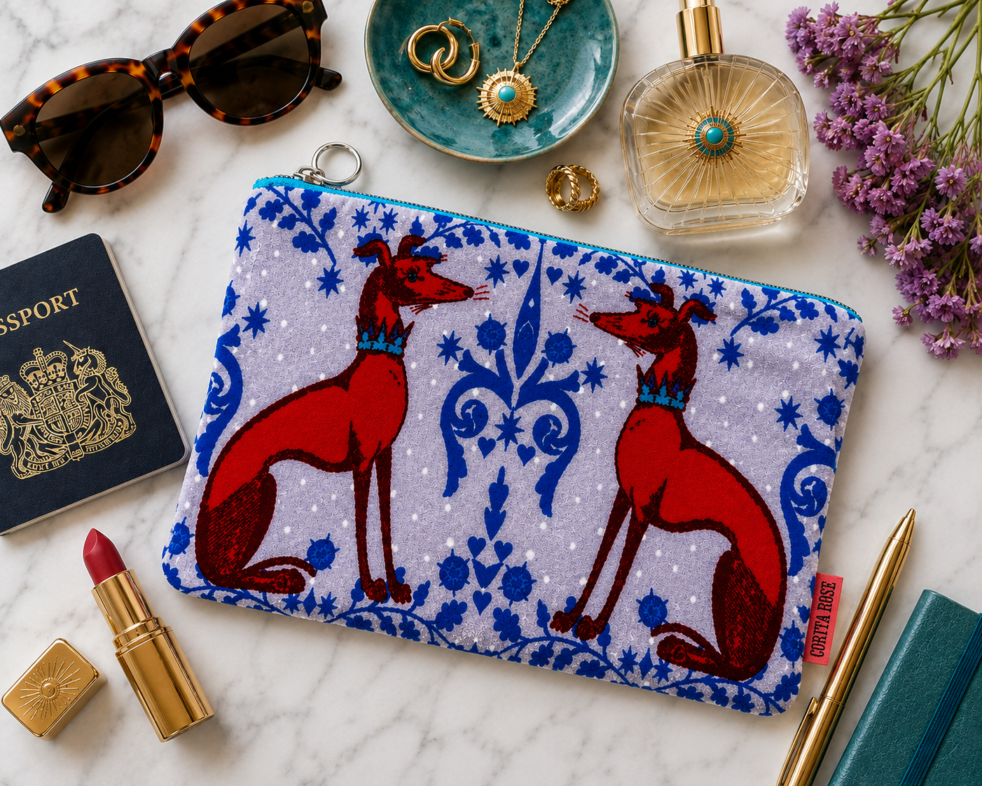 Corita Rose Red Hounds Small Velvet Pouch