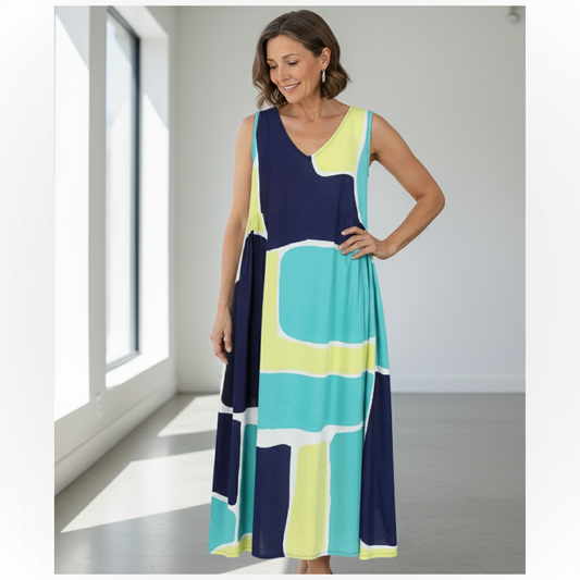 Navy/Turquoise/Lime Print Sleeveless Dress | Tara Vao Maora 8178