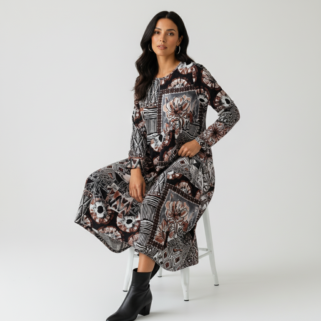 Makeba Print Bubble Panel Dress | Orientique 61714