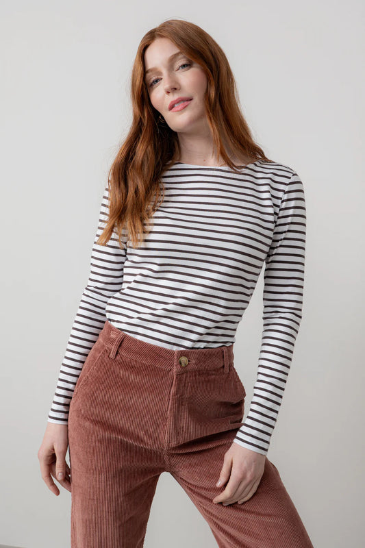 Chocolate Brown & White Striped Long Sleeve Top - Monica - Lily & Me