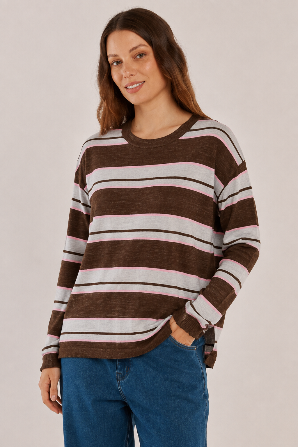 Chocolate/Blue/Pink Stripe Natasha Sweater | Betty Basics