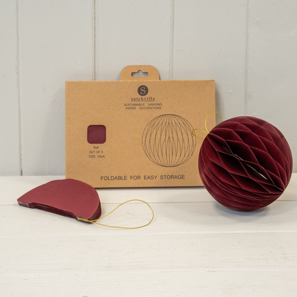 Set of 3 Claret Round Paper Hanging Baubles | Satchville