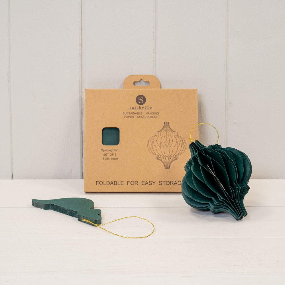 Set of 3 Dark Green Paper Hanging Spinning Top Baubles | Satchville