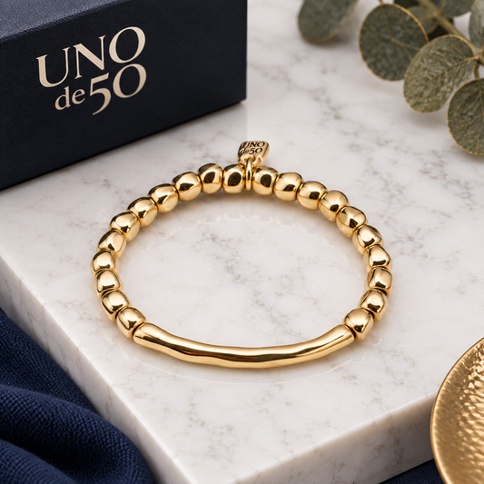 UNOde50 Gold Beaded Stretch Bracelet with Tubular Piece – PUL1208