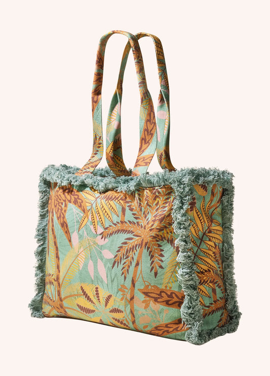 Patterned Palms Fringed Box Tote Bag