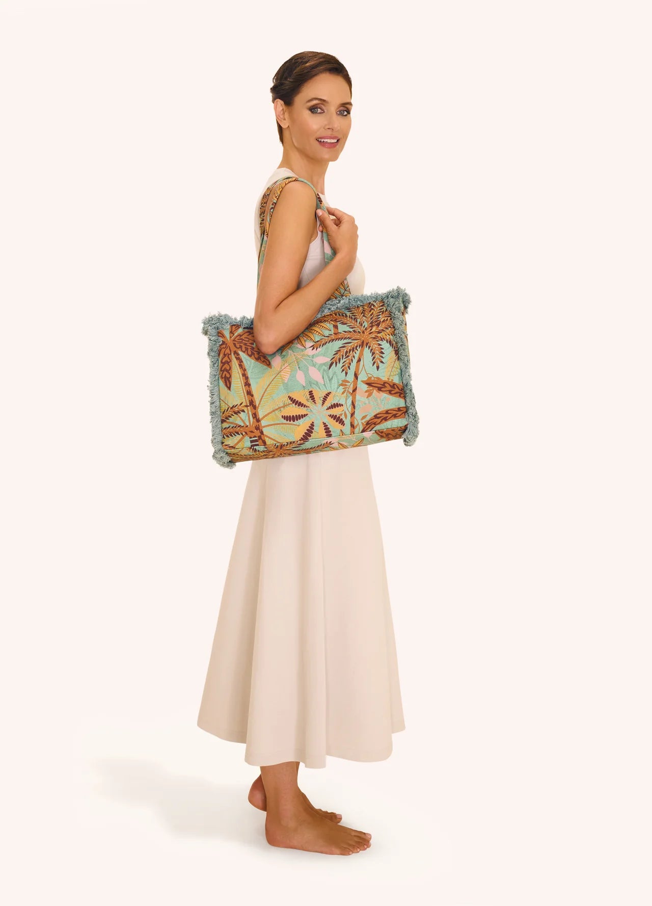 Patterned Palms Fringed Box Tote Bag