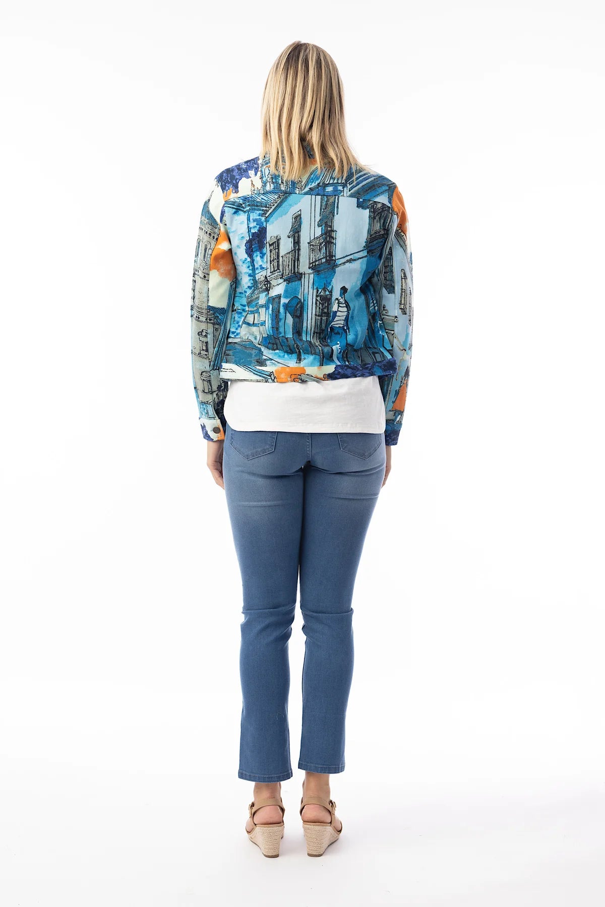 Cotton Ponte Jacket with Abstract Street Print in Tower Blue
