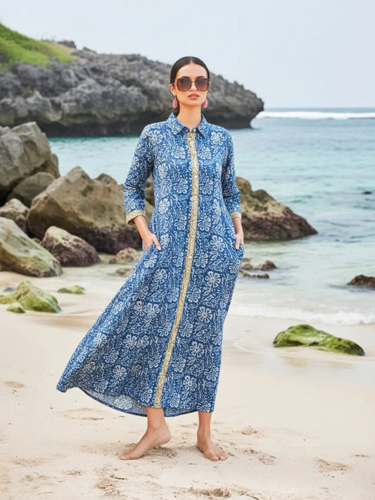Blue Printed Cotton Shirt Dress | Suzie Blue - RE1601BLU