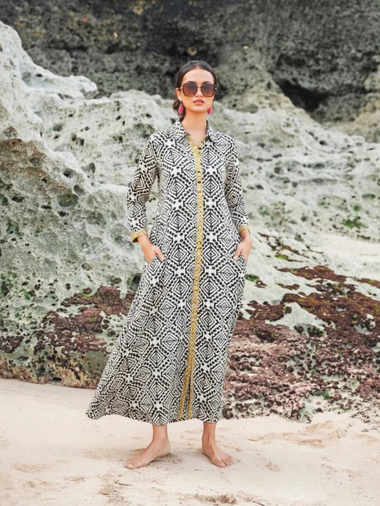 Black Printed Cotton Shirt Dress | Suzie Blue - RE1601BL