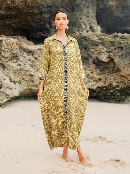 Mustard Printed Cotton Shirt Dress | Suzie Blue - RE1601MU