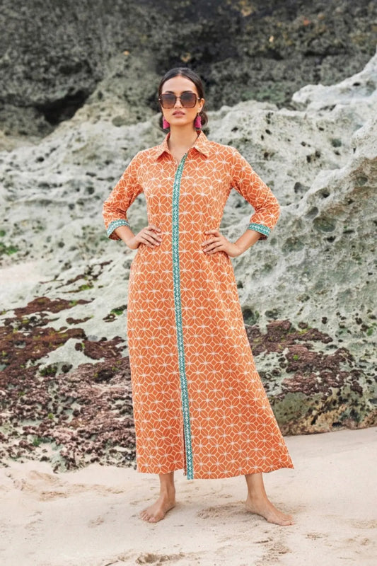 Orange Printed Cotton Shirt Dress | Suzie Blue - RE1601OR