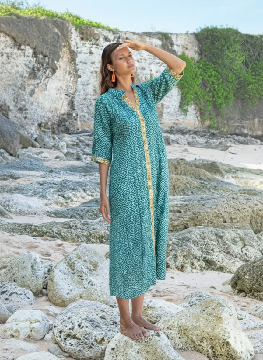 Turquoise Printed Cotton Shirt Dress | Suzie Blue - RE1601TU