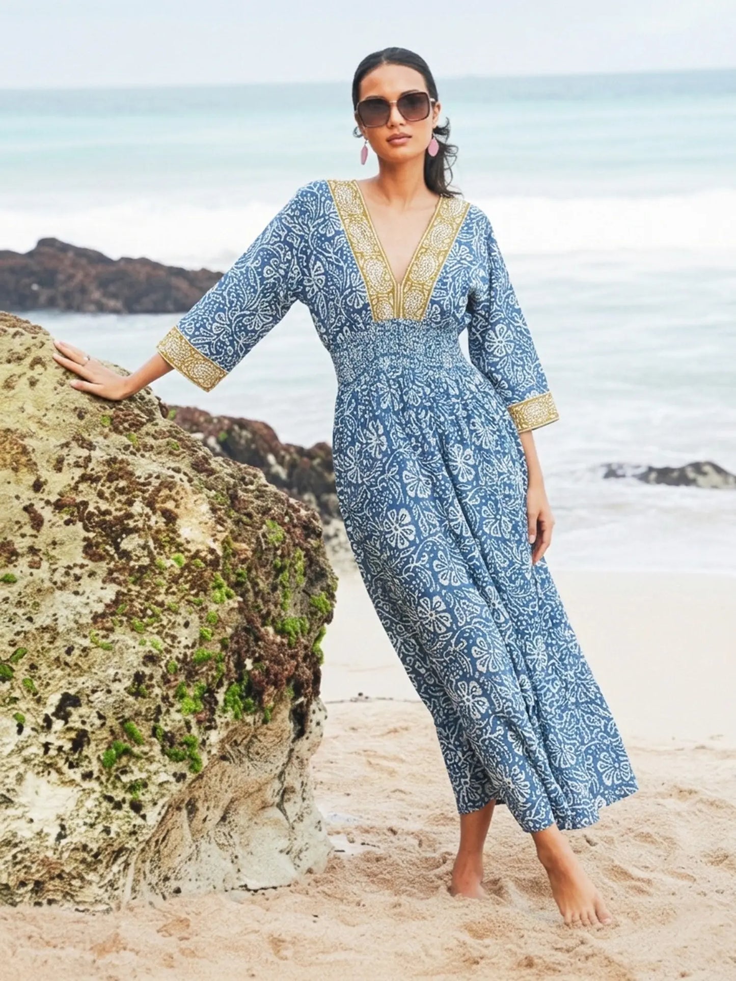 Blue Printed Cotton V Neck Midi Dress | Suzie Blue - RE1602BLU