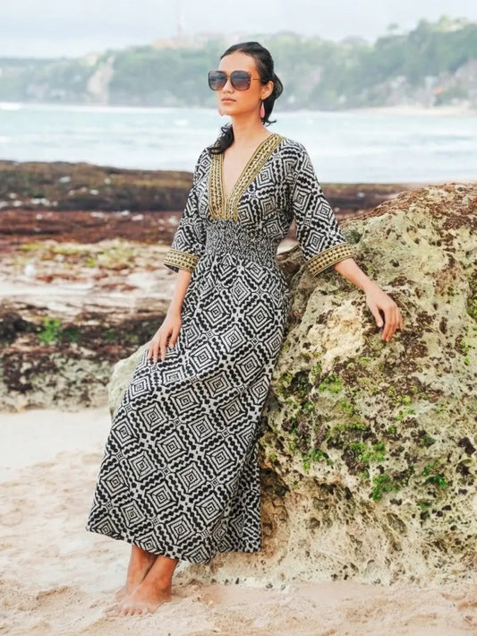 Black Printed Cotton V Neck Midi Dress | Suzie Blue - RE1602BL