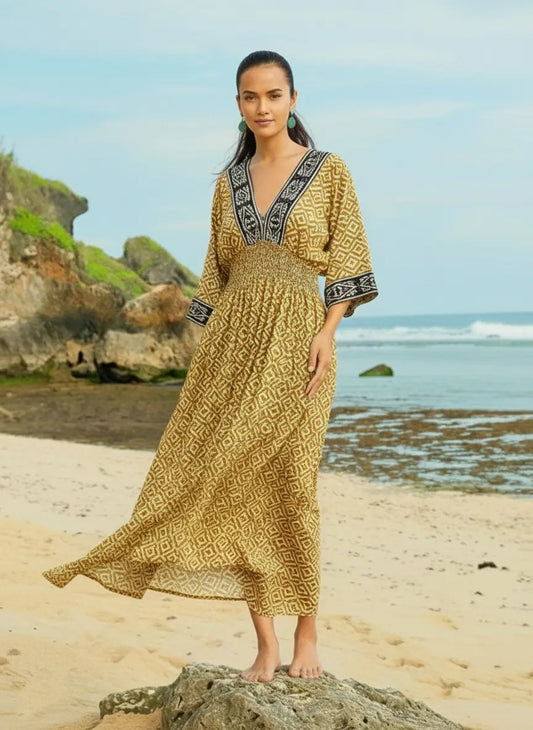 Mustard Printed Cotton V Neck Midi Dress | Suzie Blue - RE1602MU
