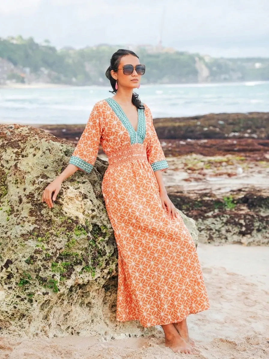 Orange Printed Cotton V Neck Midi Dress | Suzie Blue - RE1602OR