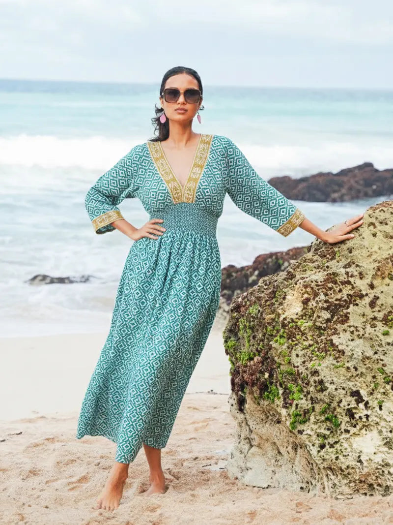 Turquoise Printed Cotton V Neck Midi Dress | Suzie Blue - RE1602TU