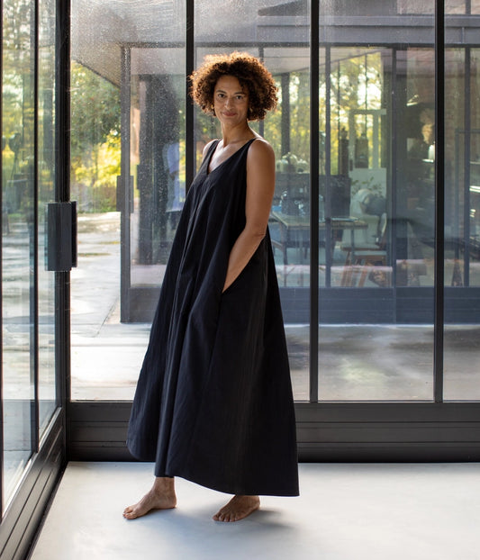 Black V Neck Voluminous Dress - Reese - Chalk