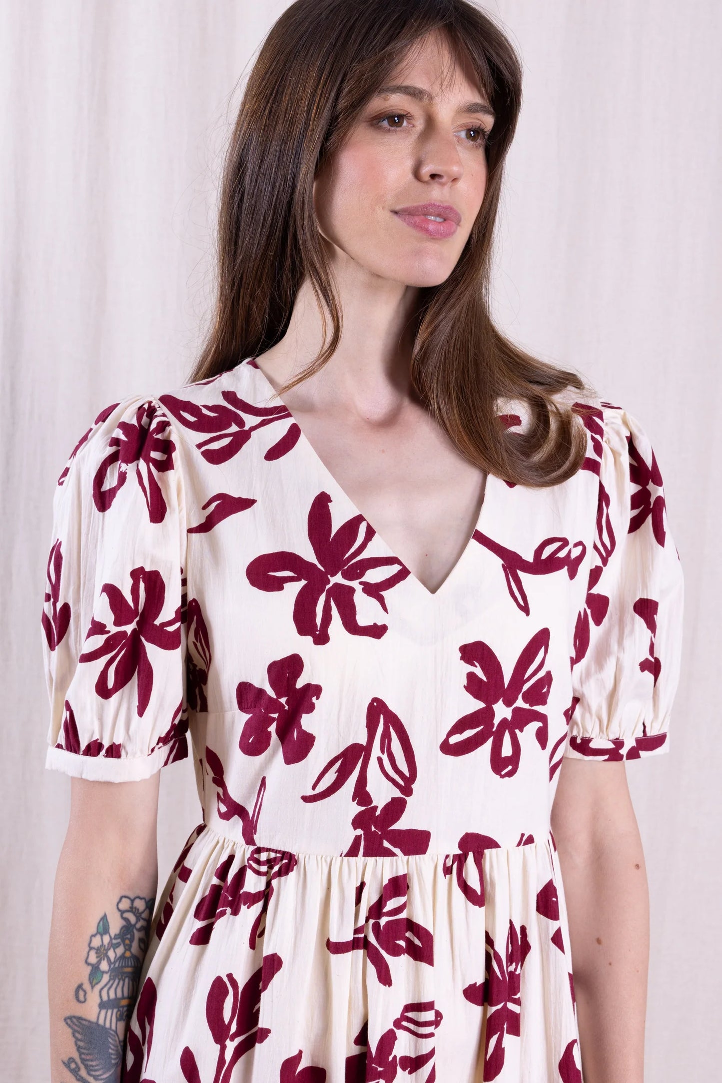 Rosewood Cotton Poplin Angled Puff Sleeve Dress | Nomads ZN2221RSW