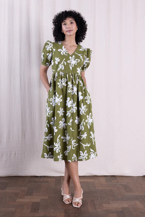 Verdant Cotton Poplin Angled Puff Sleeve Dress | Nomads ZN2221VDT