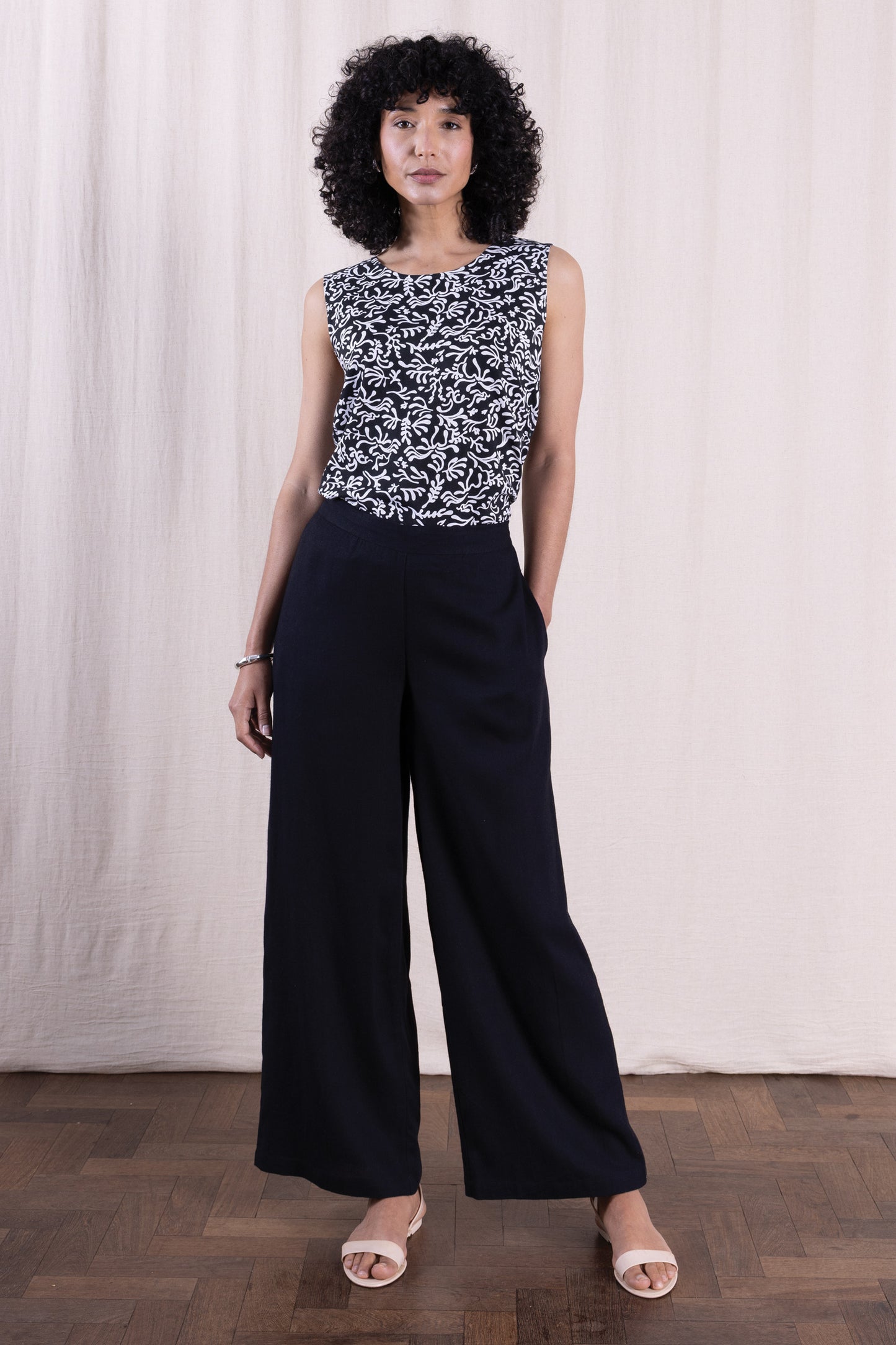 Black Linen Blend Wide Leg Trouser | Nomads PV1095BLK