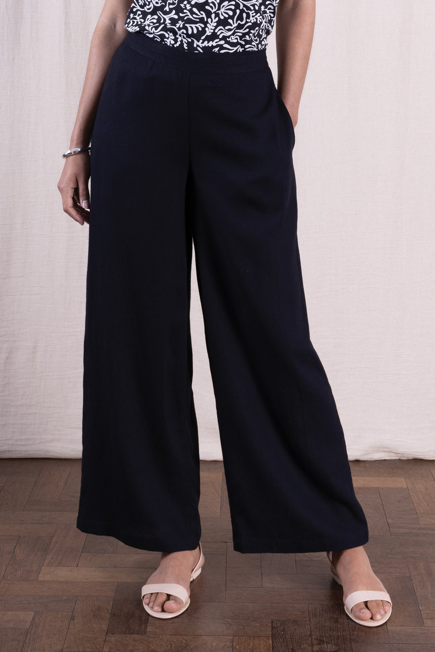 Black Linen Blend Wide Leg Trouser | Nomads PV1095BLK