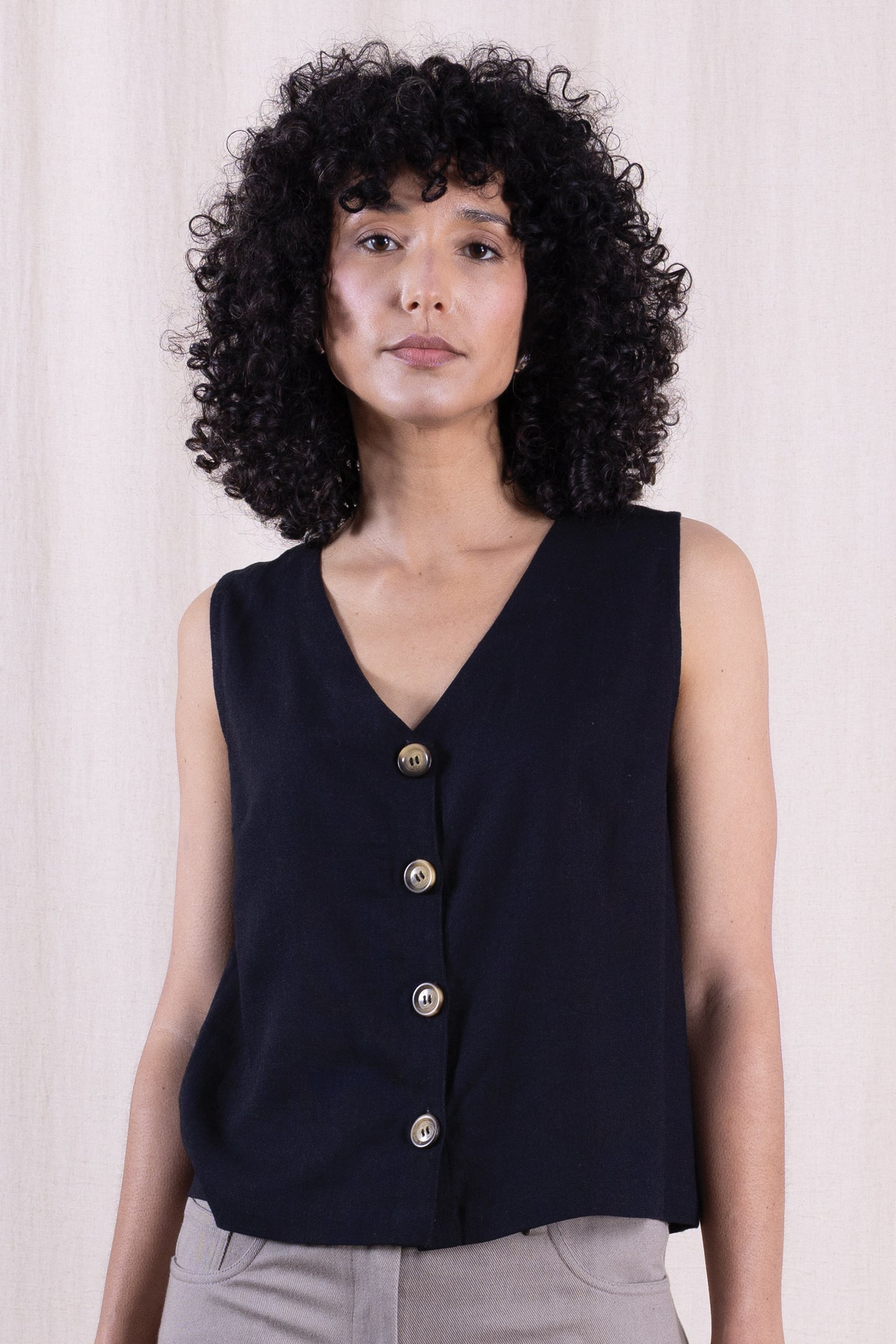 Linen Blend Black Button Through Vest | Nomads PV4252BLK