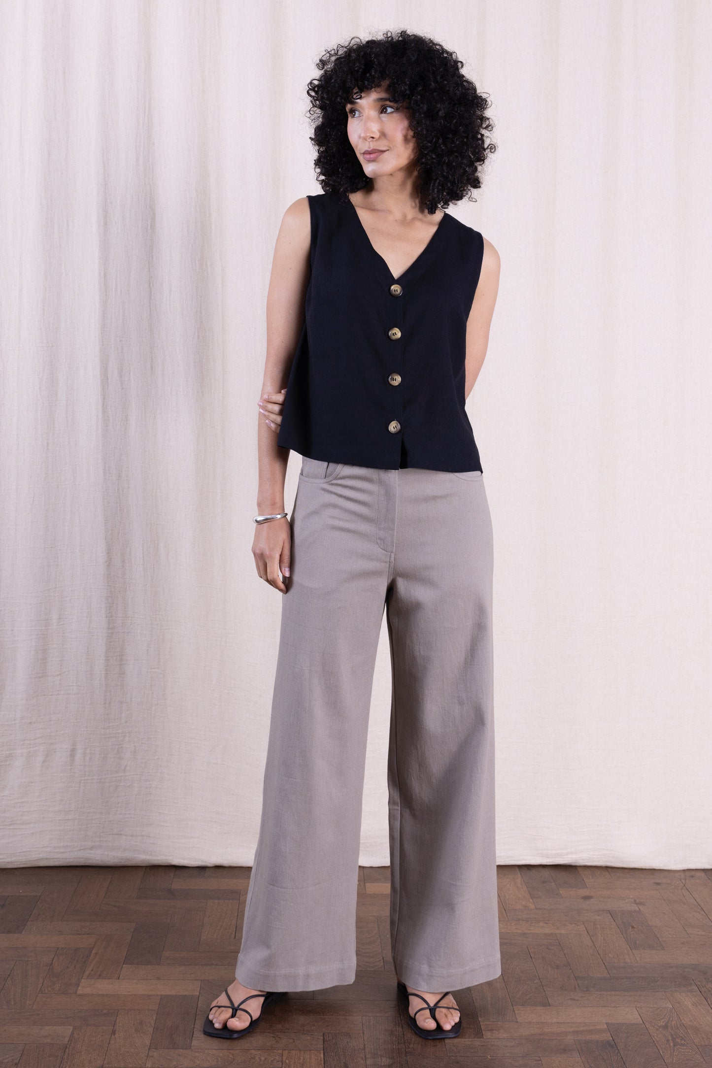 Linen Blend Black Button Through Vest | Nomads PV4252BLK