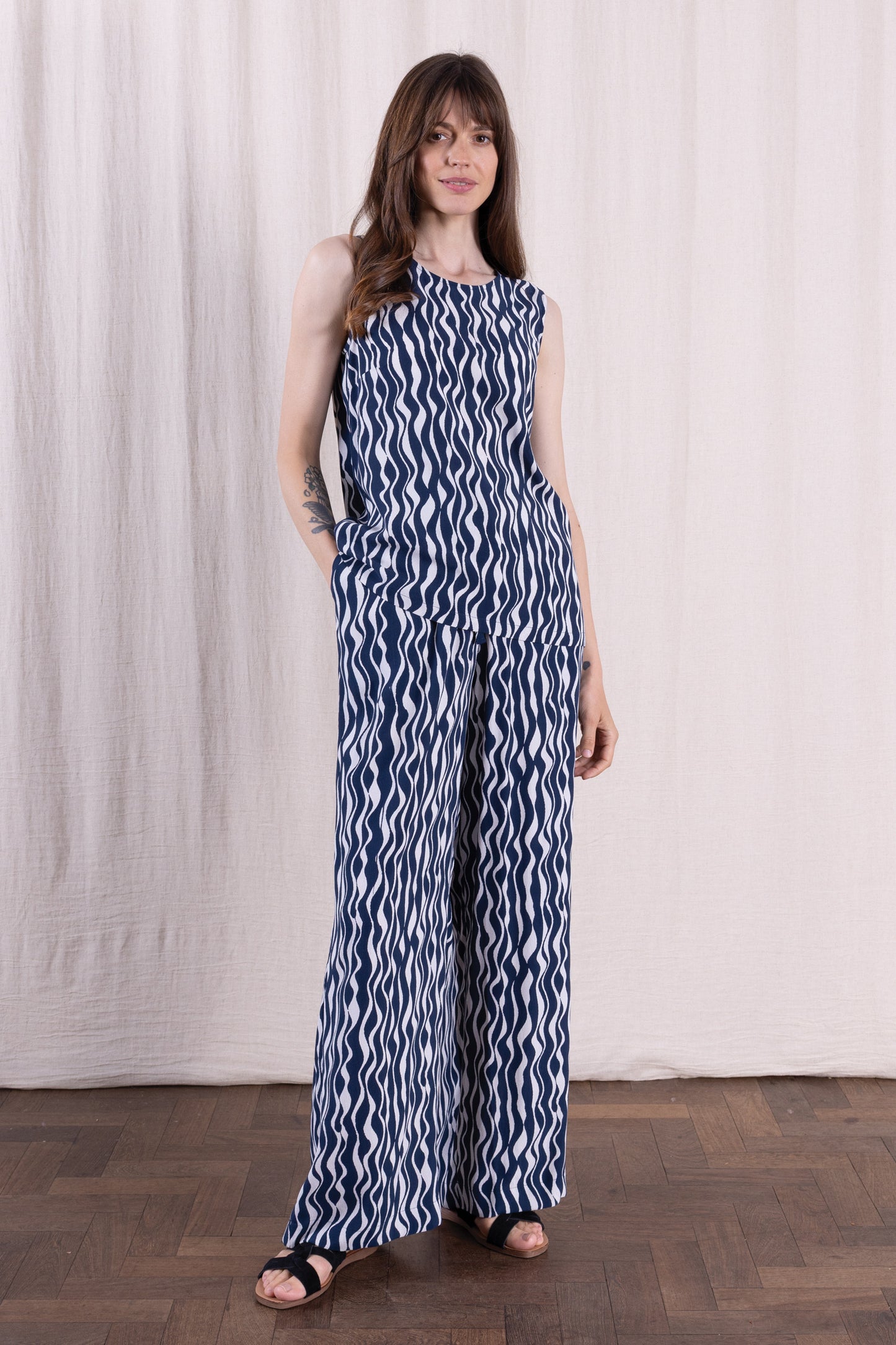 Navy Viscose Wide Leg Trousers
