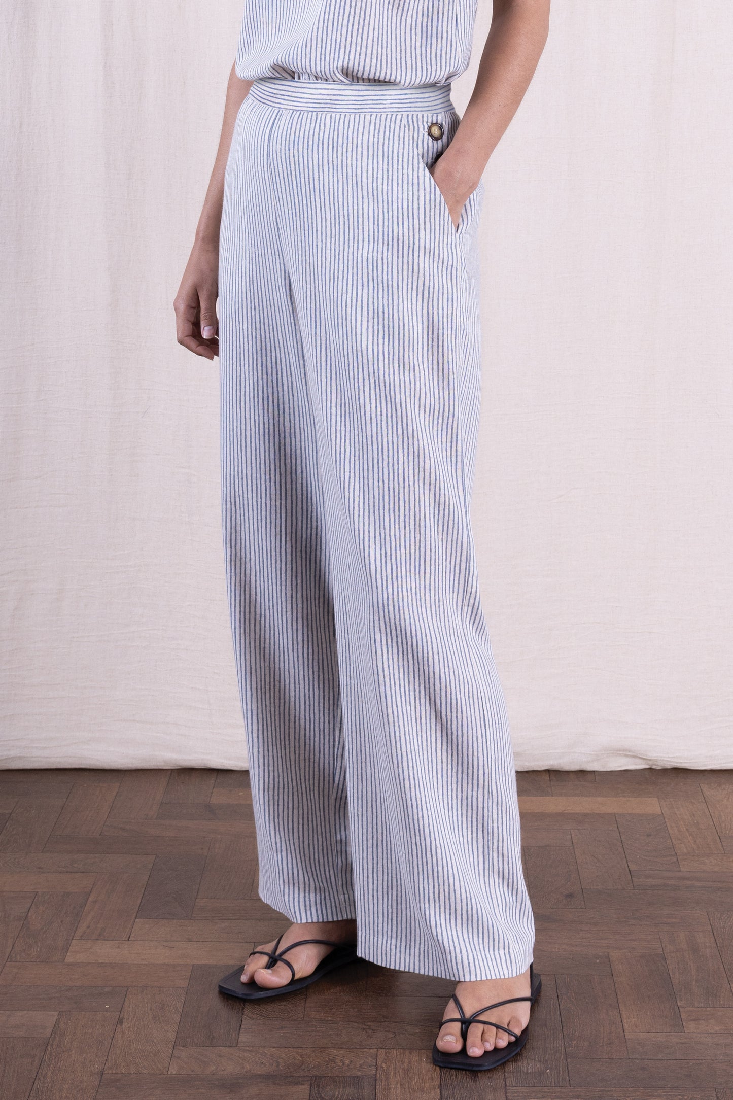 Cornflower Linen Blend Button Wide Leg Trousers | Nomads RV1116CFL