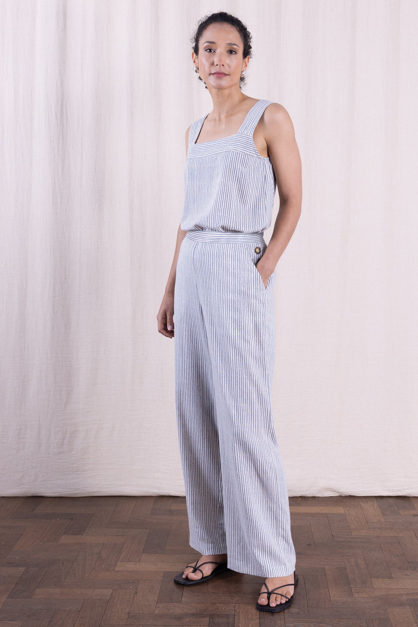 Cornflower Linen Blend Button Wide Leg Trousers | Nomads RV1116CFL