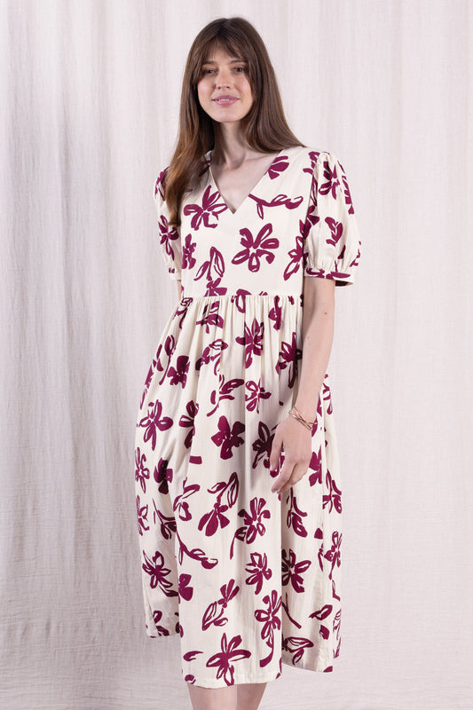 Rosewood Cotton Poplin Angled Puff Sleeve Dress | Nomads ZN2221RSW