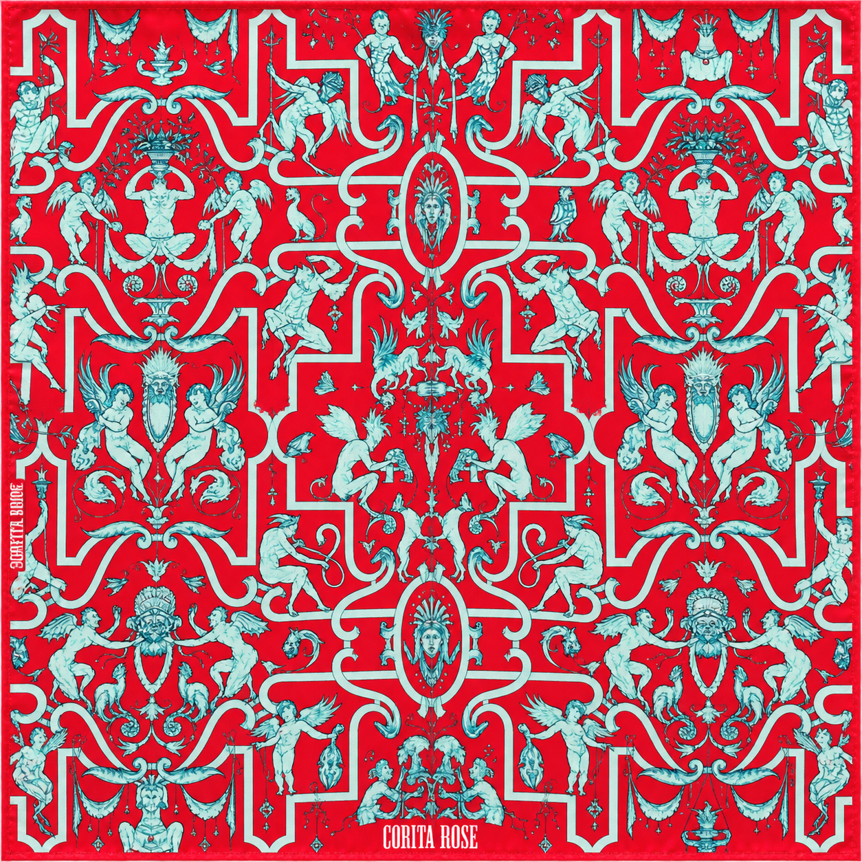 Corita Rose Mythology Print 100% Silk Square Scarf – Red