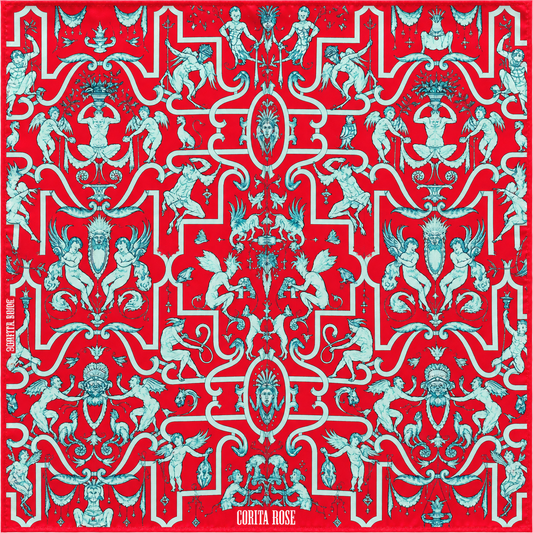 Corita Rose Mythology Print 100% Silk Square Scarf – Red