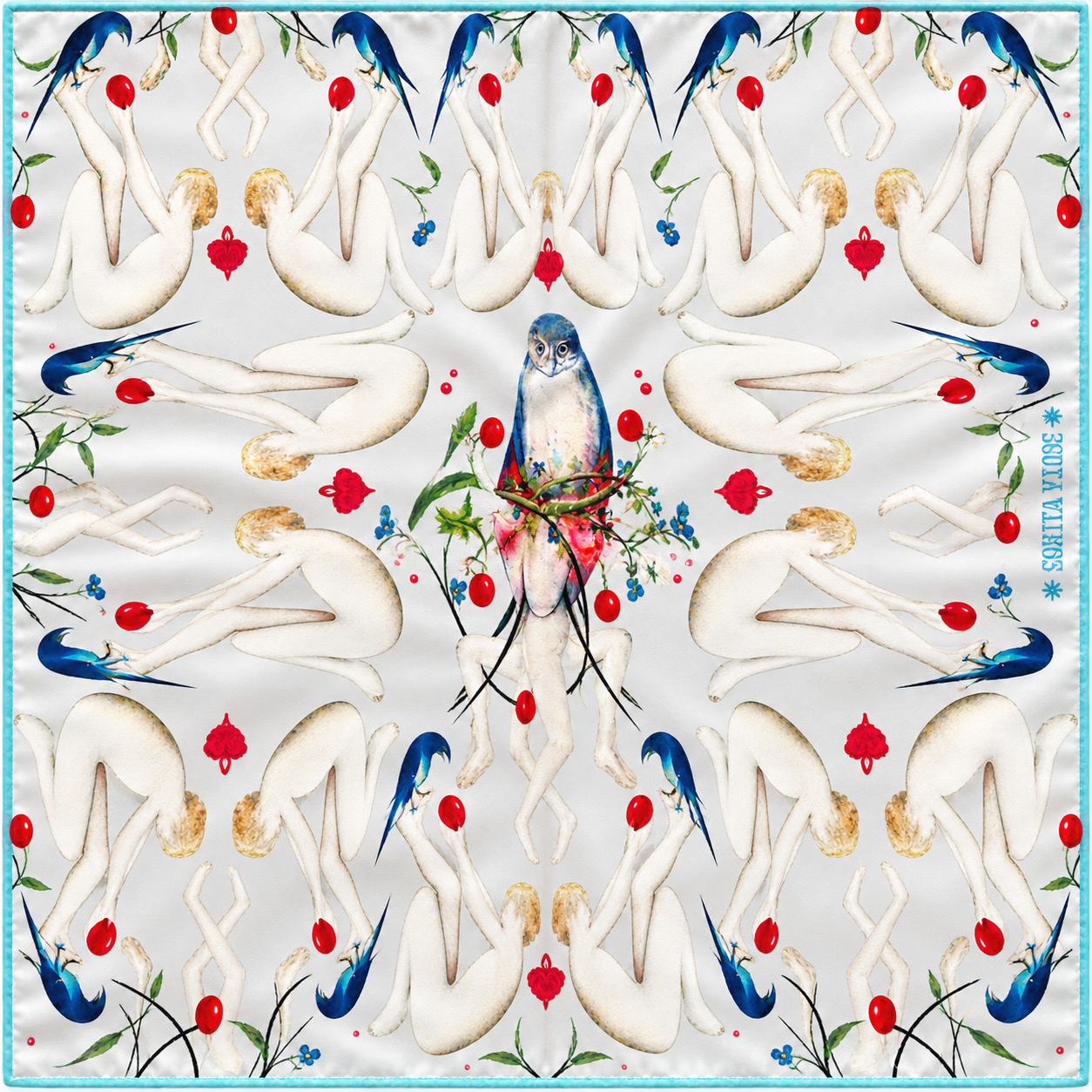 Corita Rose Figures & Birds 100% Silk Square Scarf – Ivory