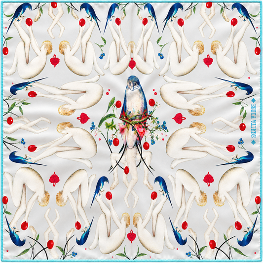 Corita Rose Figures & Birds 100% Silk Square Scarf – Ivory