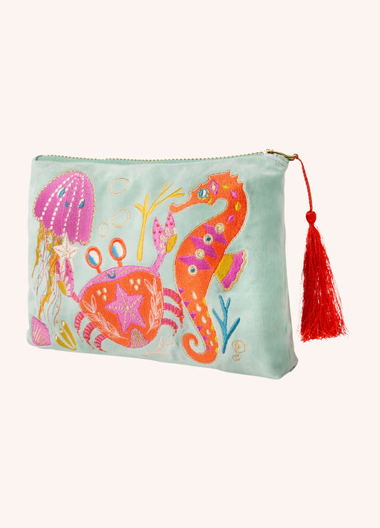 Seashore Friends Velvet Zip Pouch - Aqua